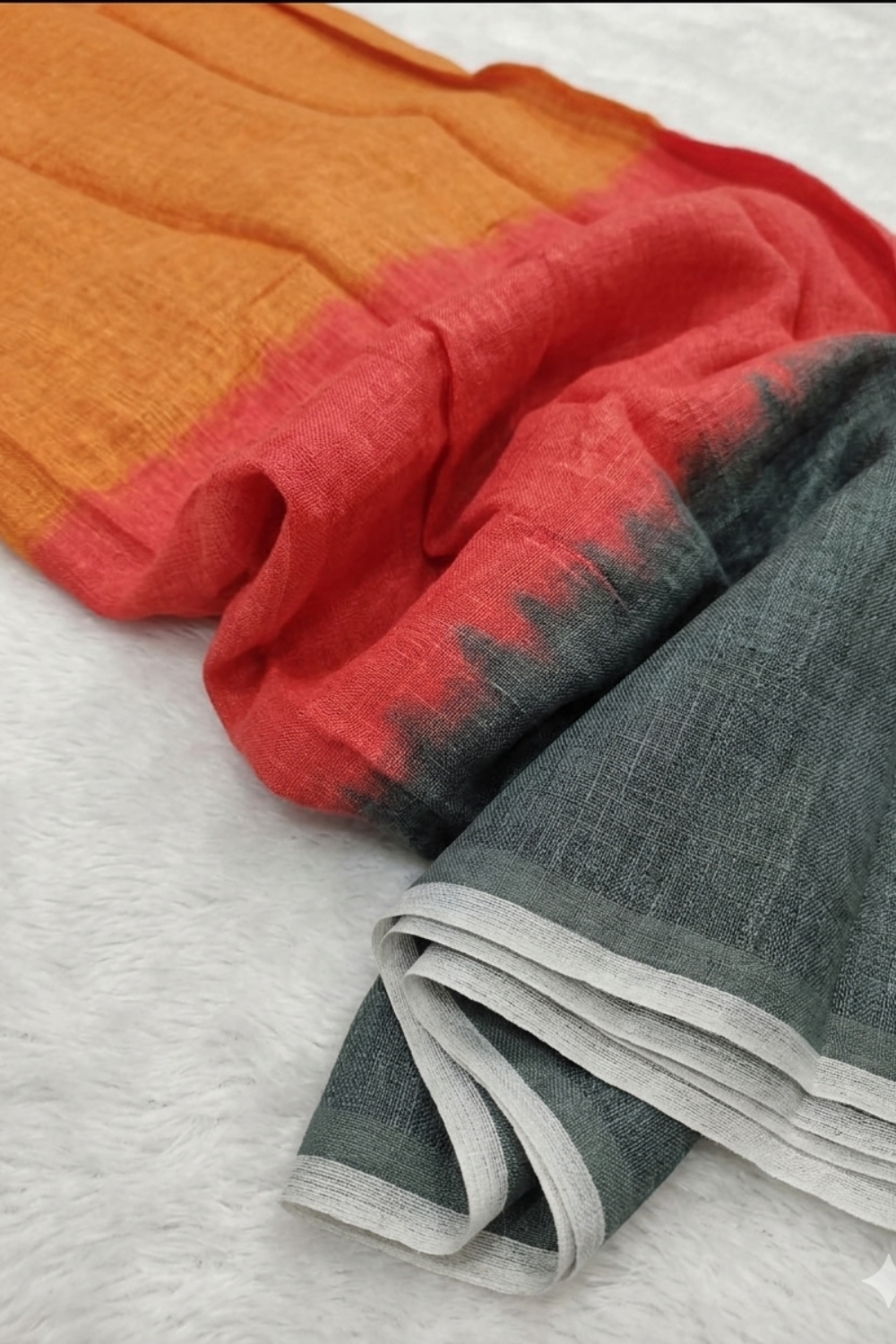 Tricolour Ombre Linen Blend Saree – Grey, Red & Mustard