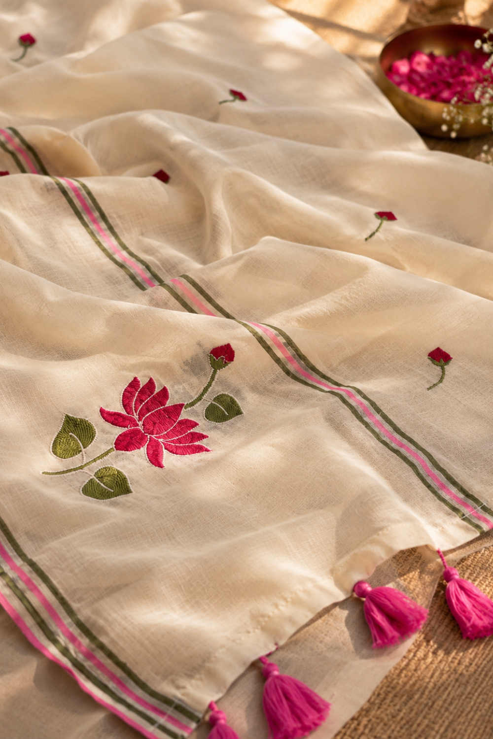 White Mul Mul Cotton Saree with Pink Lotus Embroidery