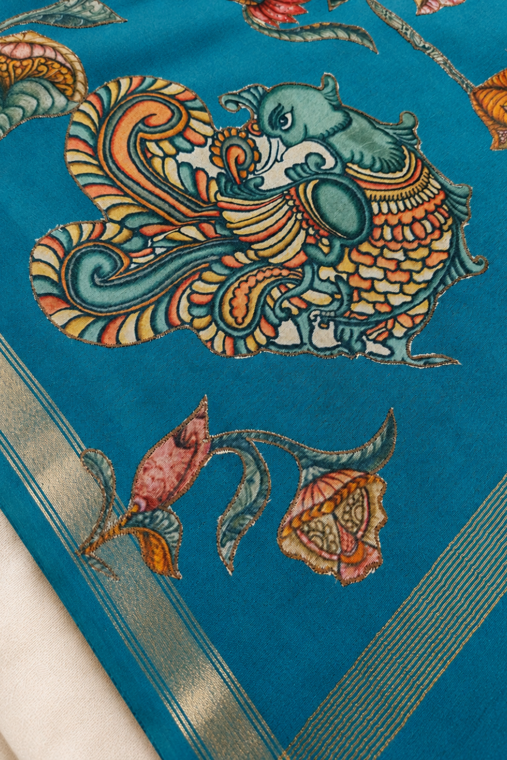Teal Blue Linen Chanderi Saree with Floral & Peacock Print