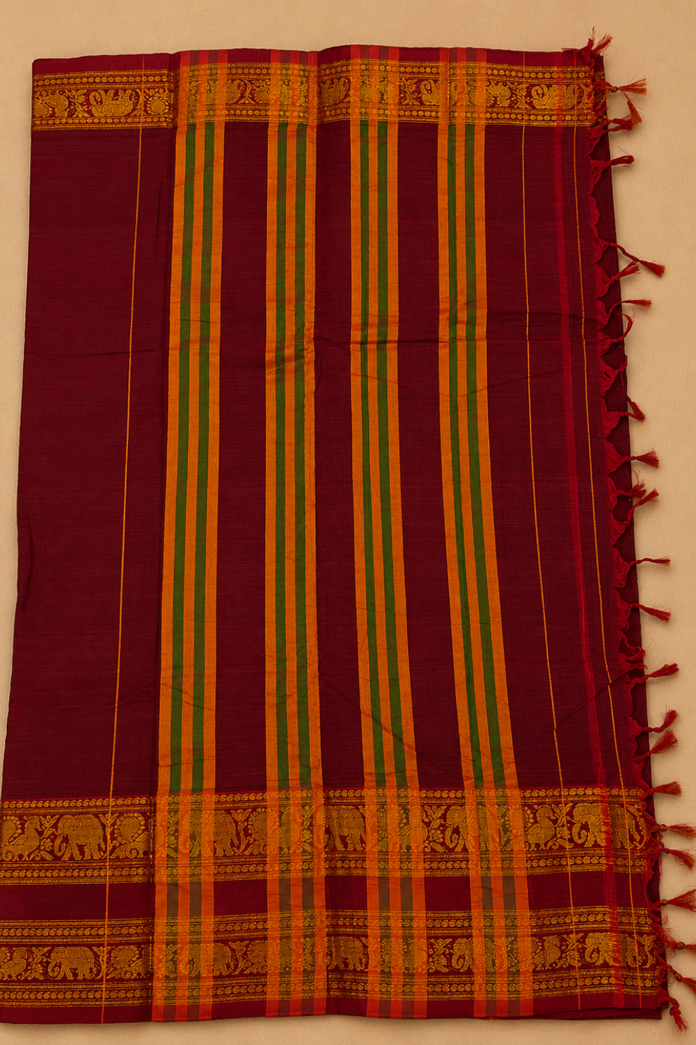 Maroon Narayanpet Cotton Saree with Traditional Gold Zari Border & Running Blouse