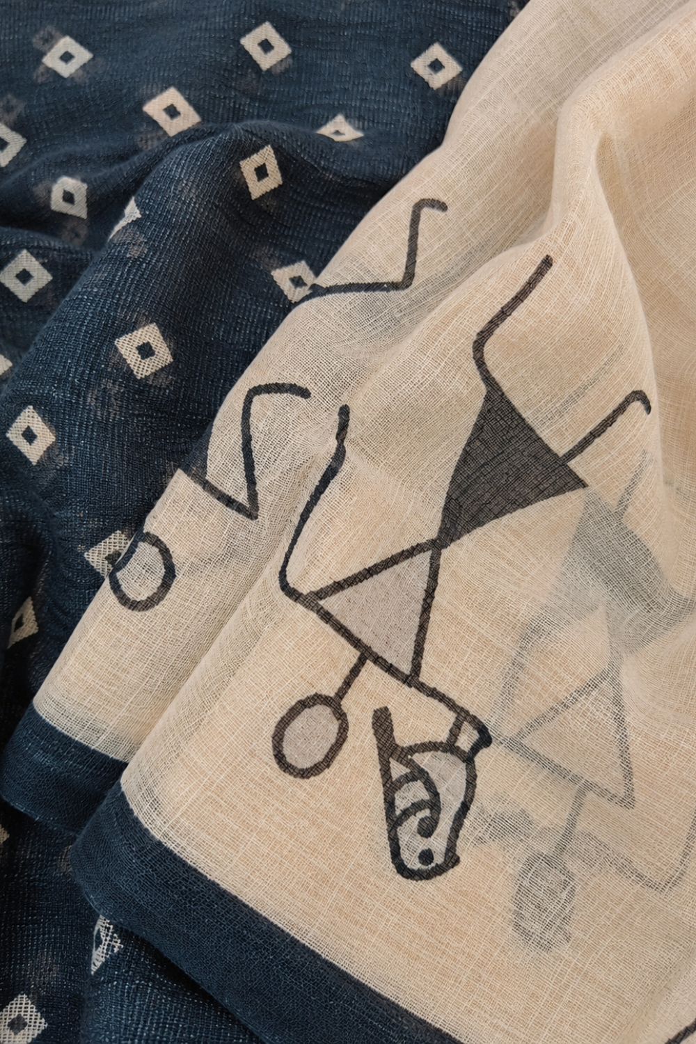 Beige Warli Print Linen Blend Saree with Black Border