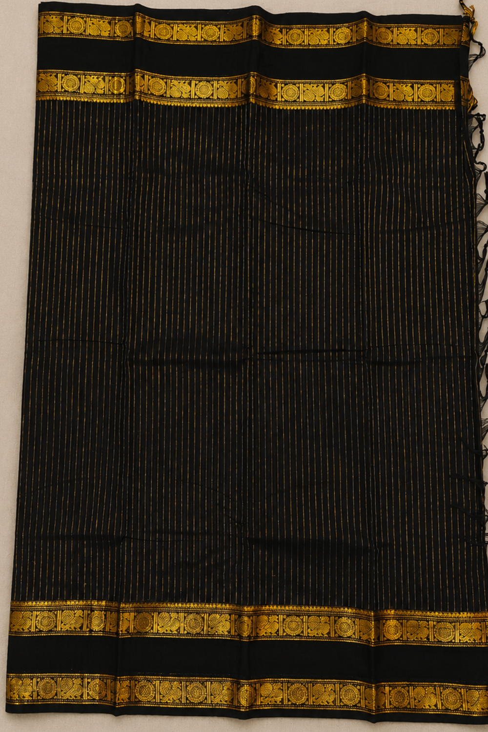 Classic Black Chettinad Cotton Saree with Traditional Golden Temple Border