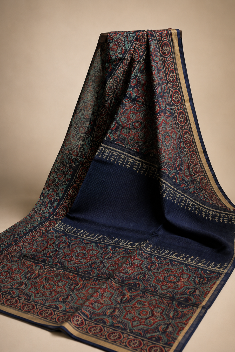 Navy Blue Hand Block Print Kota Doria Saree with Ajrakh Pallu