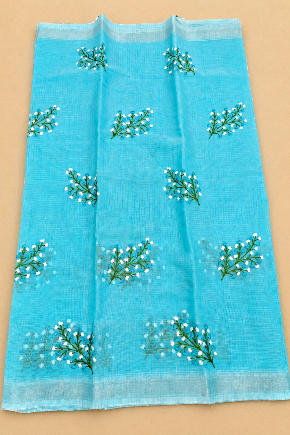 Sky Blue Kota Saree with Delicate Floral Embroidery