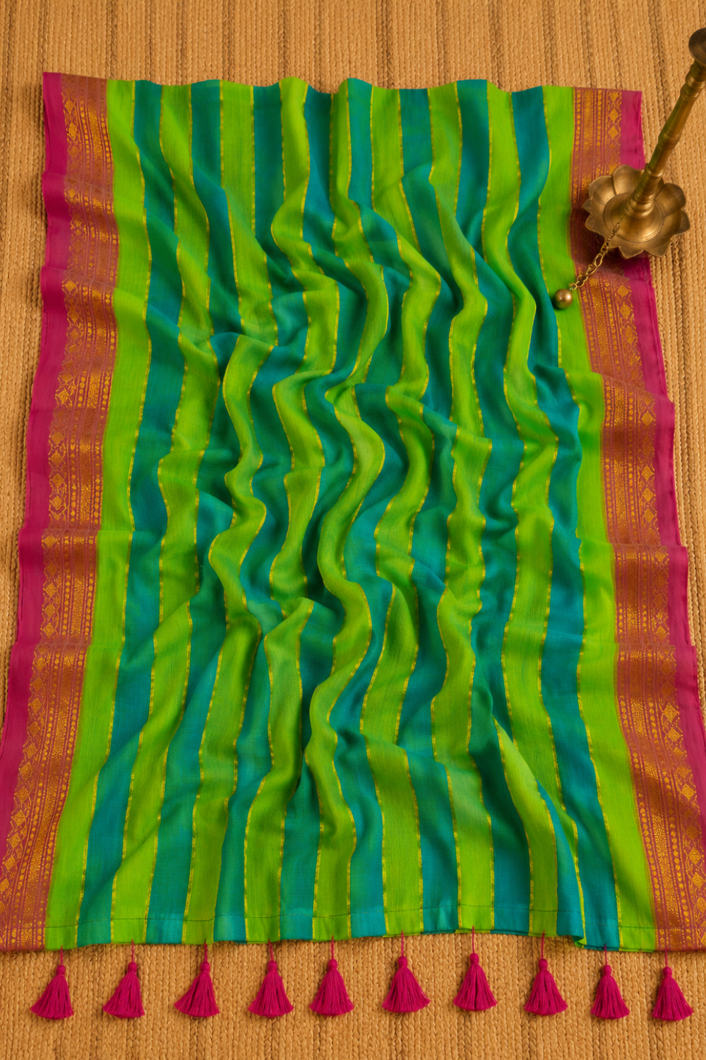 Blue & Green Striped Mul Mul Cotton Saree