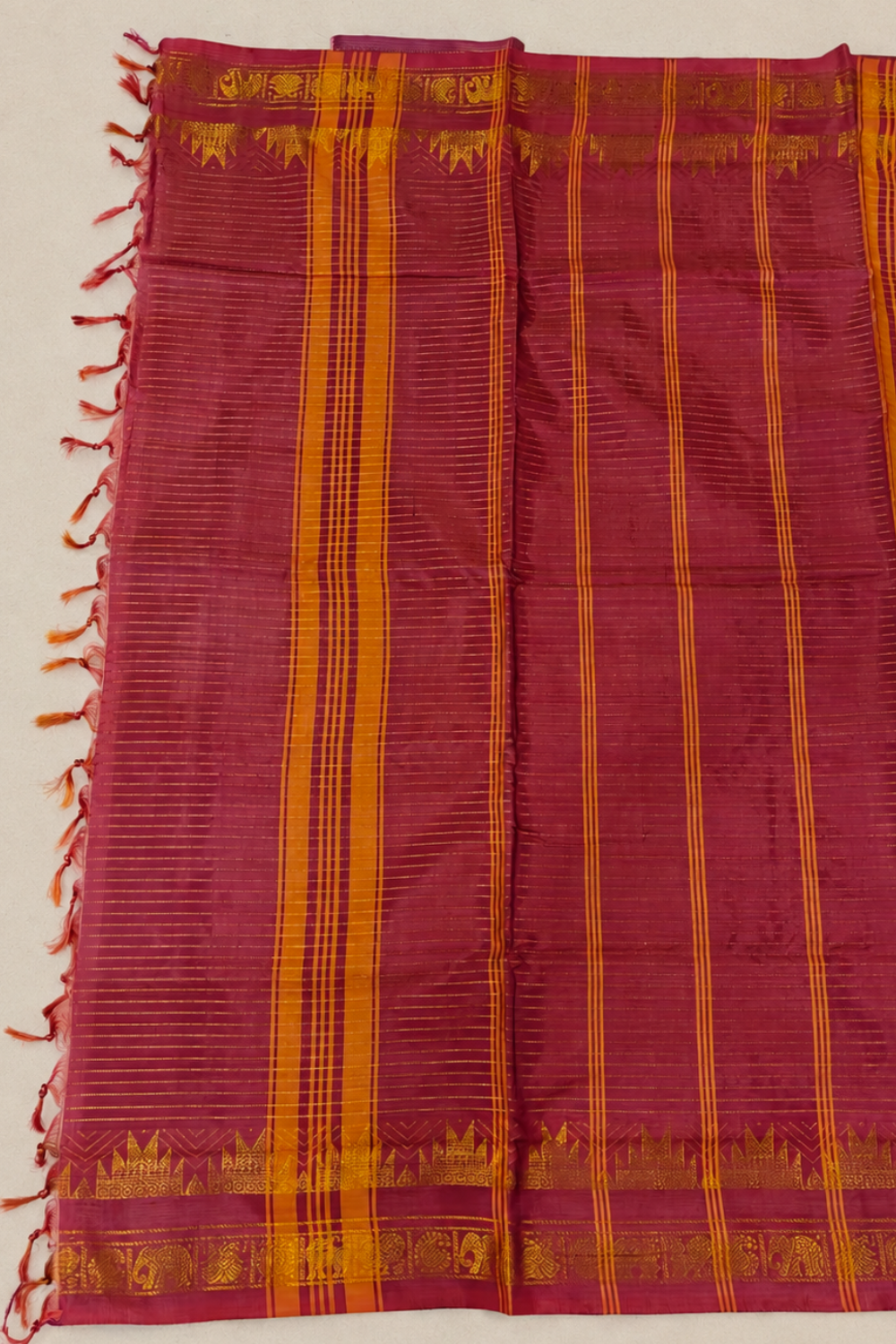 Honey Mustard Gold & Dark Rust Orange Vegan Silk Saree with Traditional Zari Border