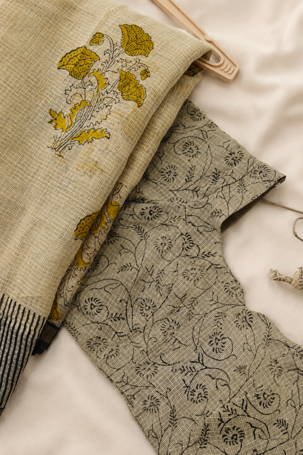 Ivory Hand Block Print Kota Doria Saree with Mustard Striped Pallu