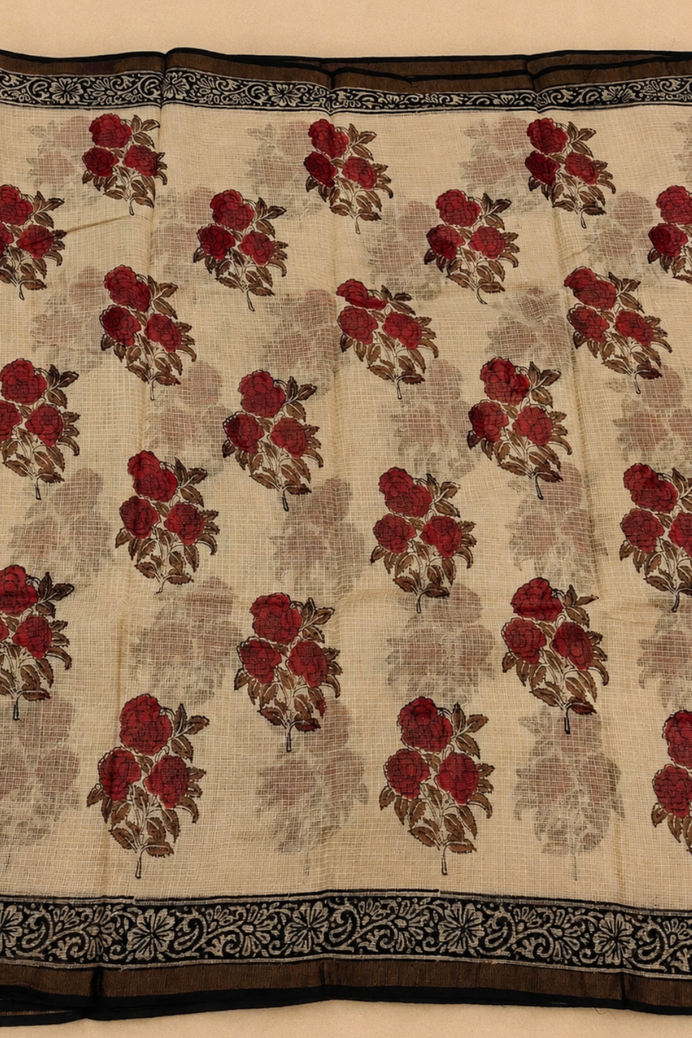 Ivory and Red Floral Hand Block Printed Kota Doria Saree