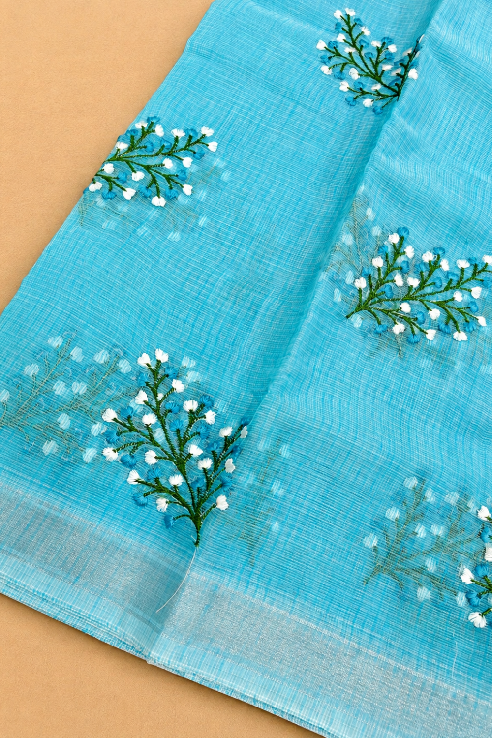 Sky Blue Kota Saree with Delicate Floral Embroidery