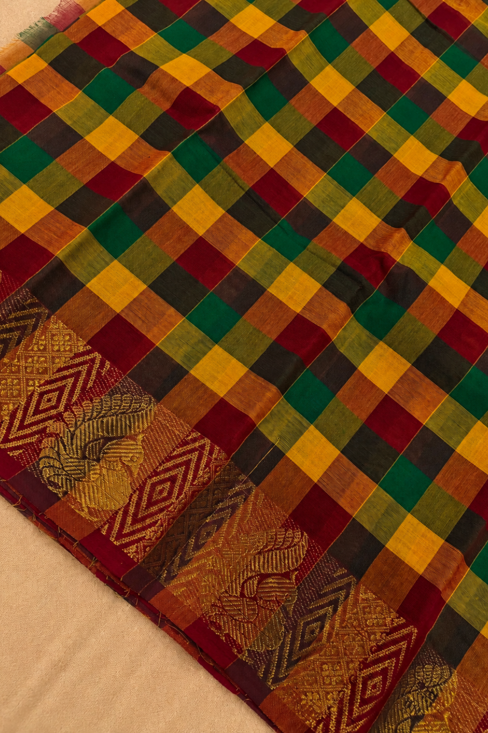 Madras Checks Cotton Saree with Traditional Gold Zari Border
