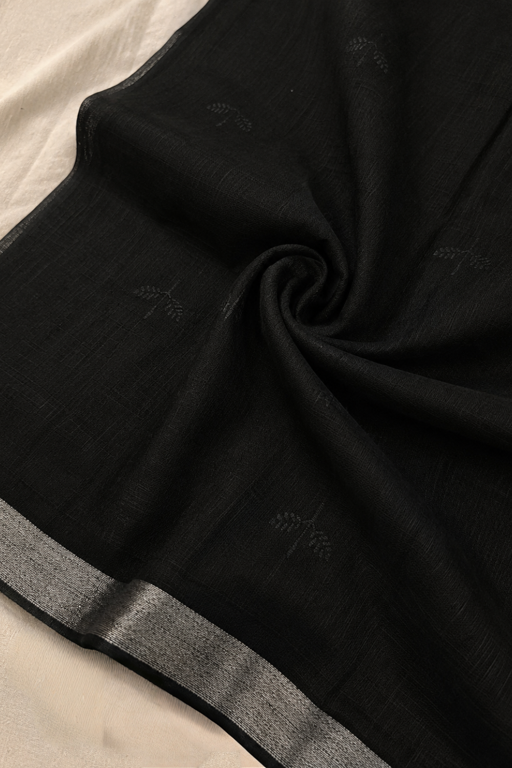 Black Hand Block Print Linen Saree with Silver Woven Border