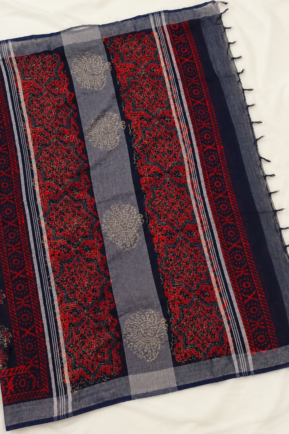 Navy Blue Linen Saree with Traditional Block Prints
