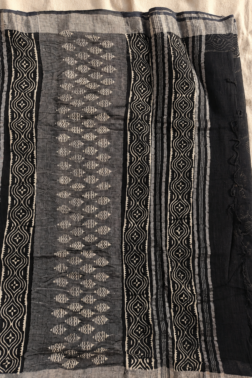 Black Hand Block Print Linen Saree with Woven Geometric Border