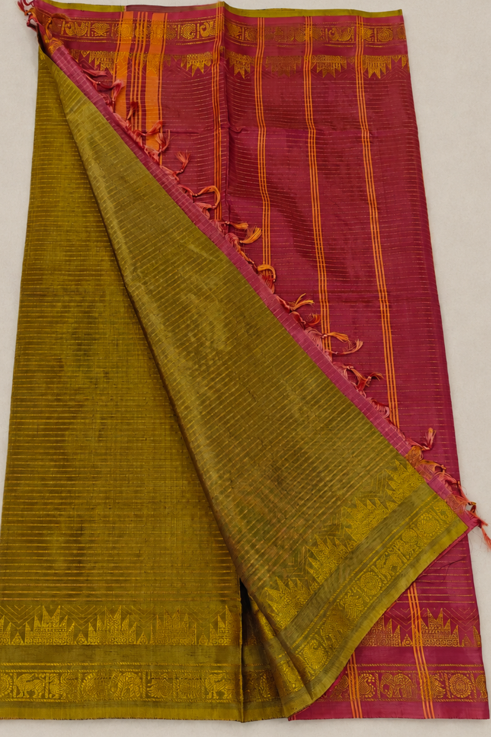 Honey Mustard Gold & Dark Rust Orange Vegan Silk Saree with Traditional Zari Border
