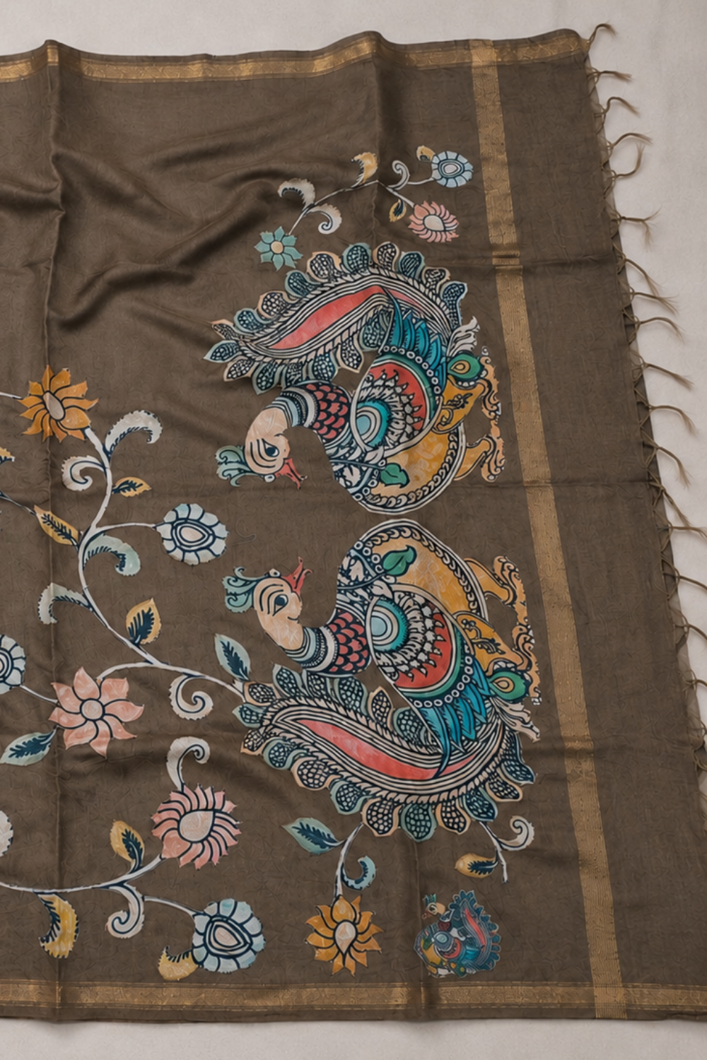 Brown Linen Chanderi Saree with Floral & Peacock Appliqué