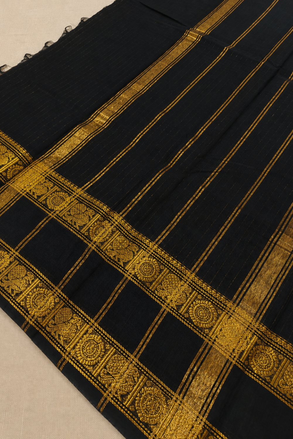 Classic Black Chettinad Cotton Saree with Traditional Golden Temple Border