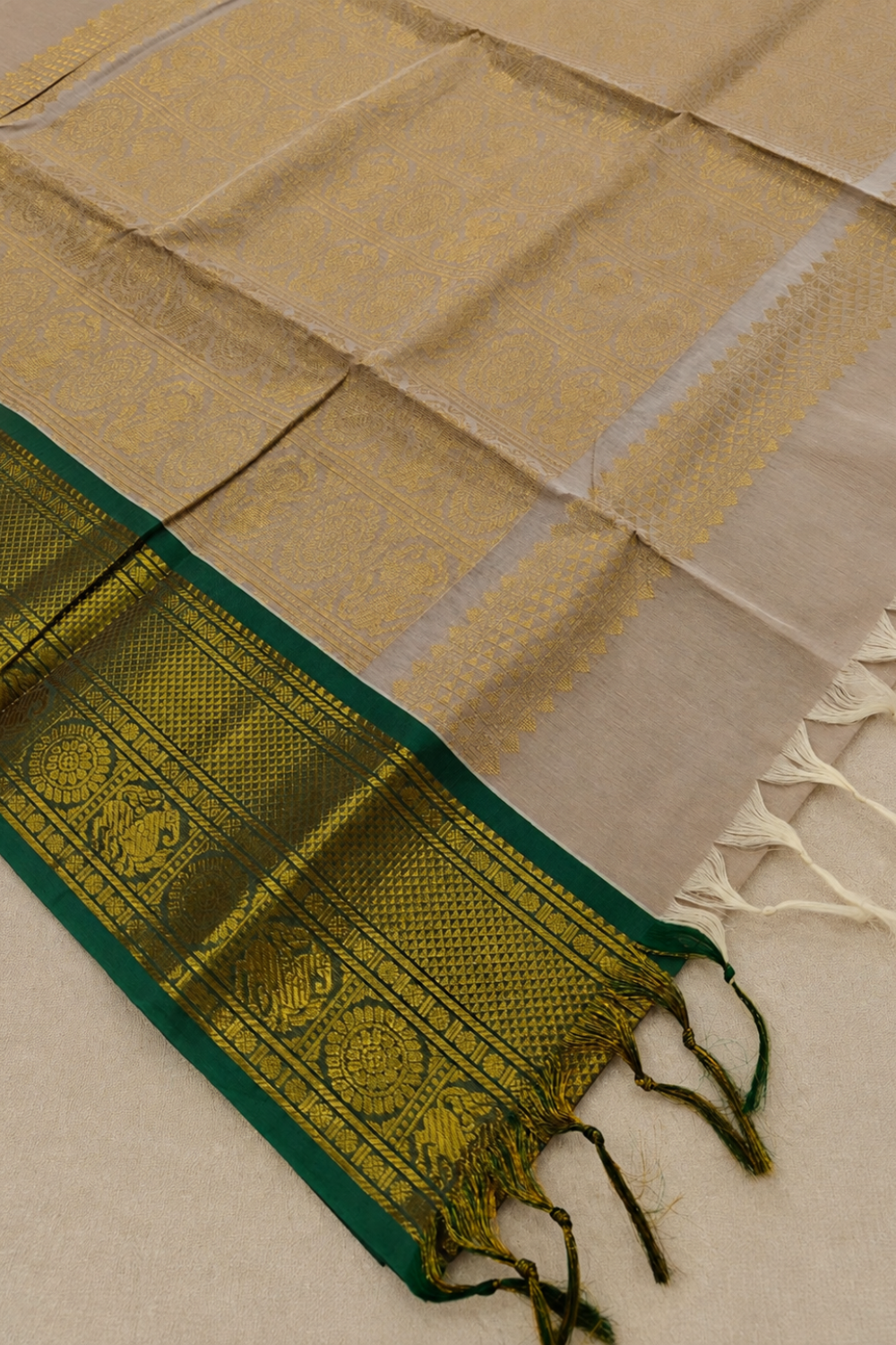 Elegant Beige Chettinad Cotton Saree with Green & Gold Zari Border