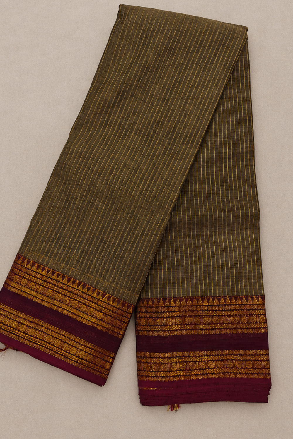 Grey Chettinad Cotton Saree with Maroon Zari-Inspired Border