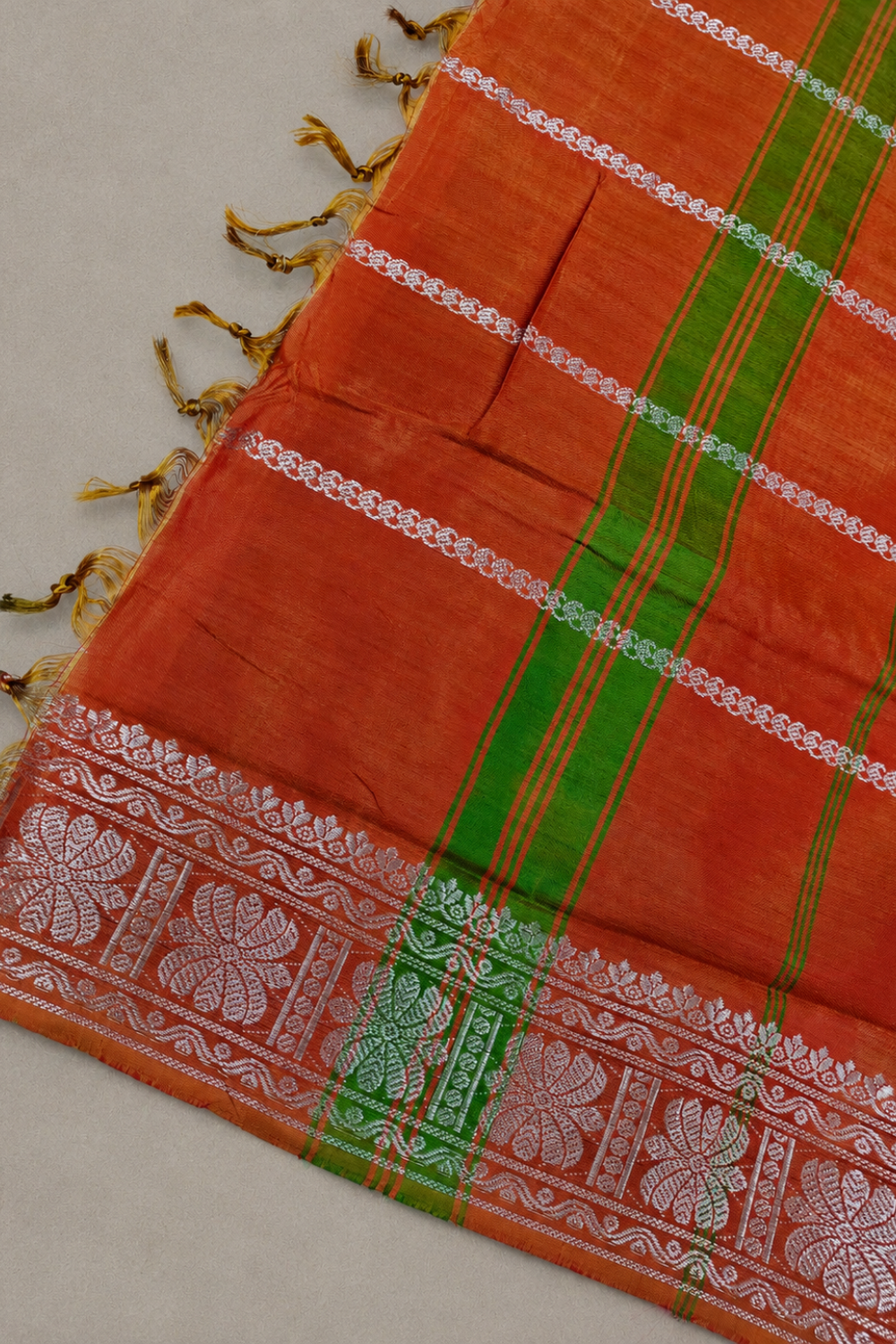 Olive Green & Rust Orange Vegan Silk Saree with Silver Zari Floral Border
