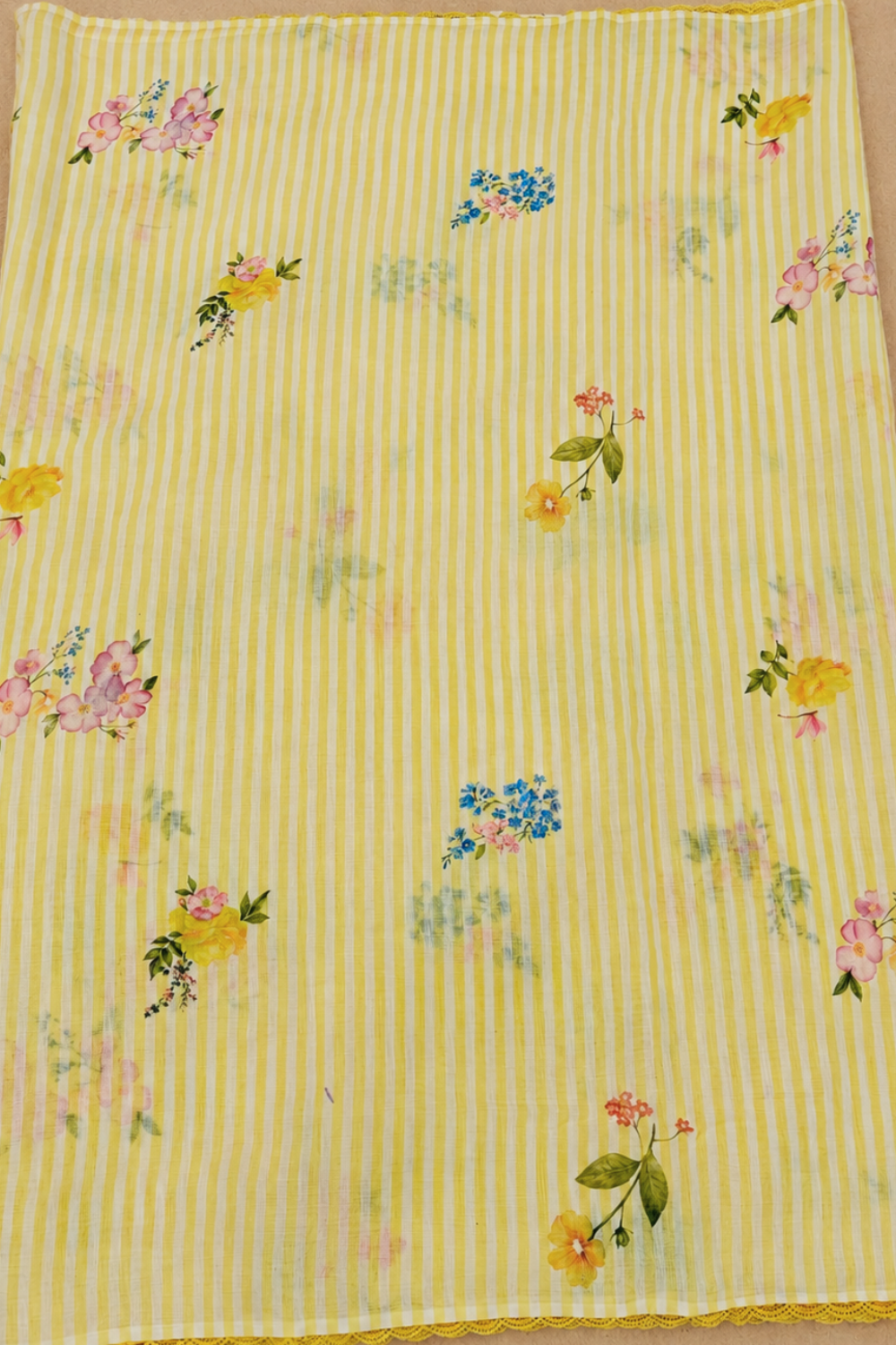 Yellow & White Striped Linen Saree with Floral Prints