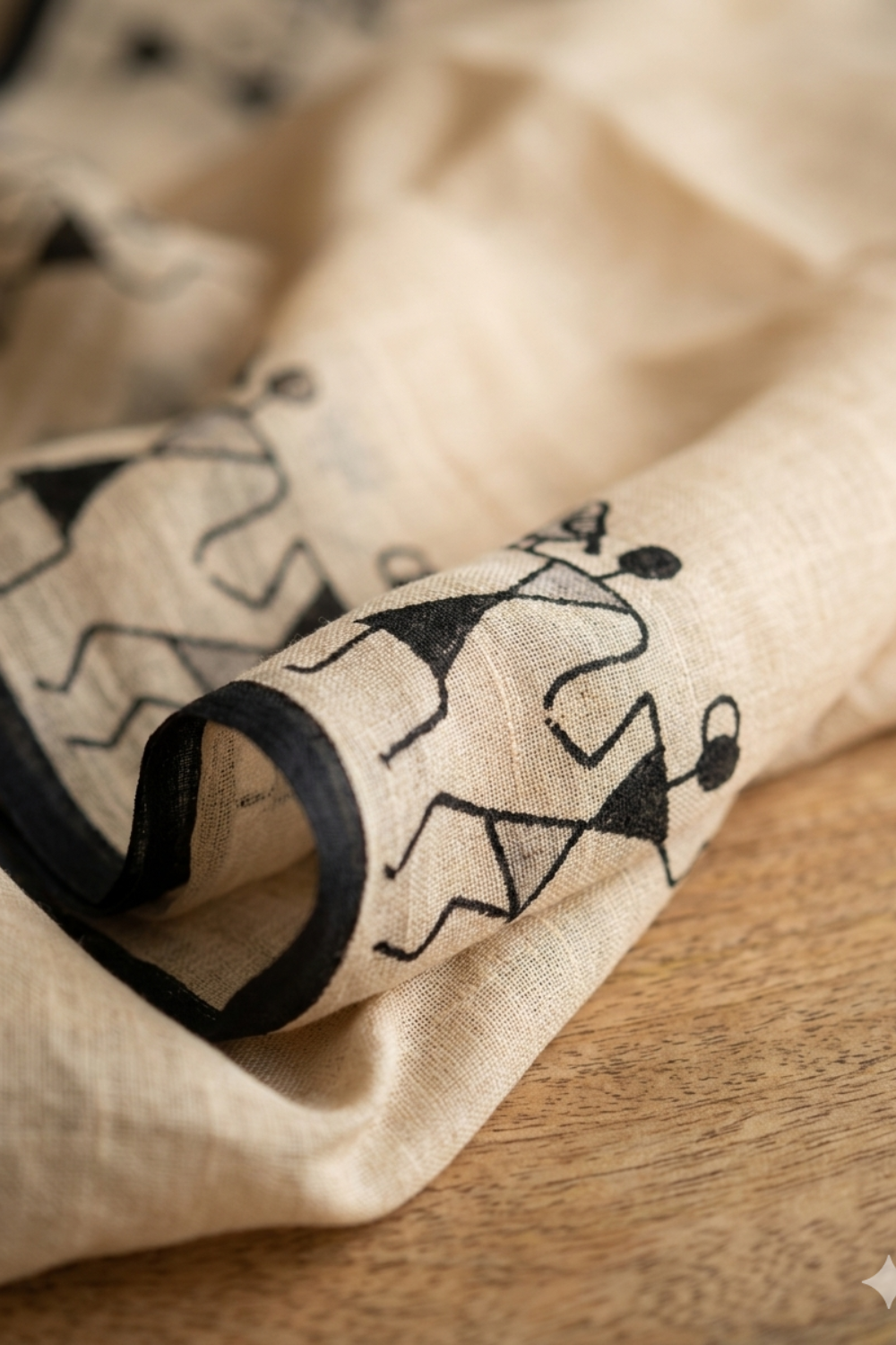 Beige Warli Print Linen Blend Saree with Black Border