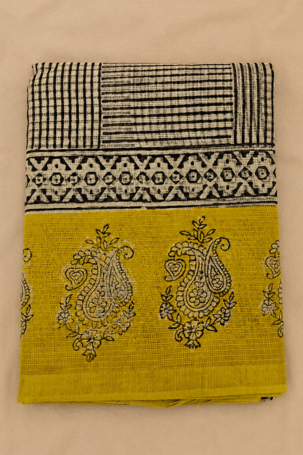 Mustard & Black Hand Block Printed Kota Doria Saree