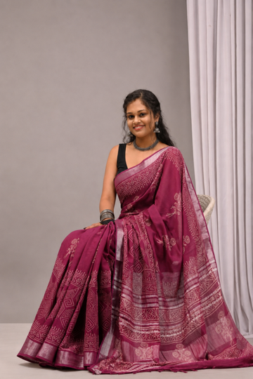 Wine Magenta Linen Saree with Traditional Block Print