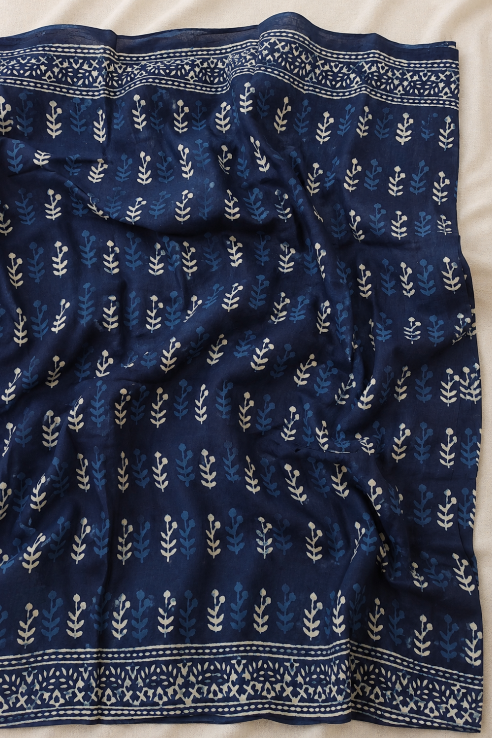 Indigo Blue Hand Block Print Linen Saree with Woven Border