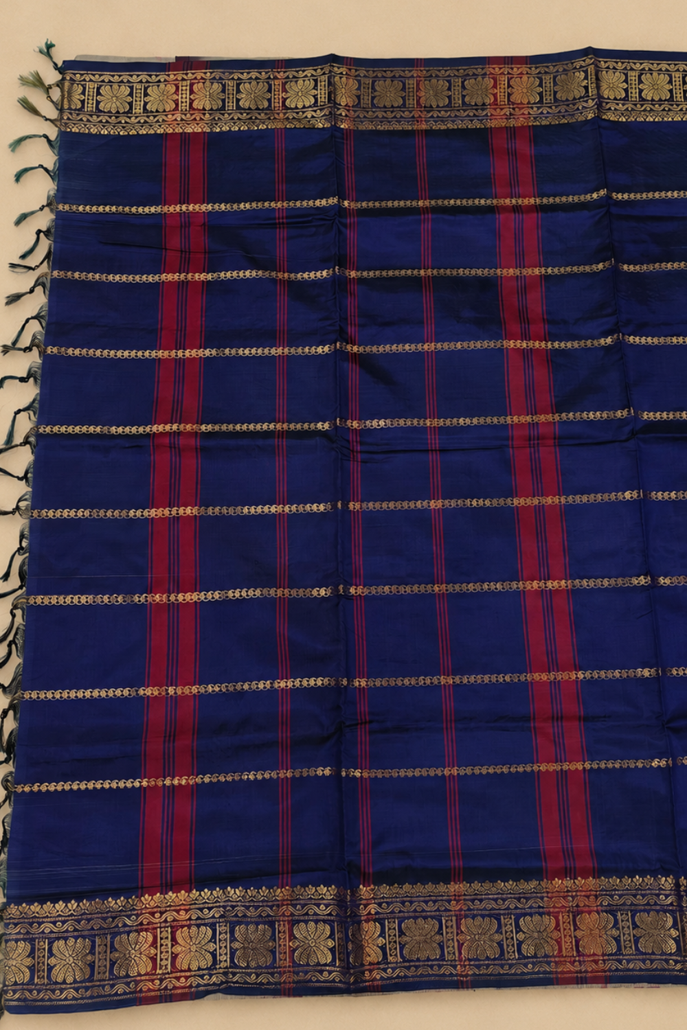 Dusty Mauve & Navy Blue Vegan Silk Saree with Gold Zari Border