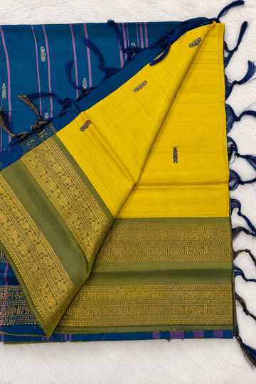 Sunflower Yellow & Royal Blue Vazhainaar Pattu Saree with Rich Contrast Zari Pallu