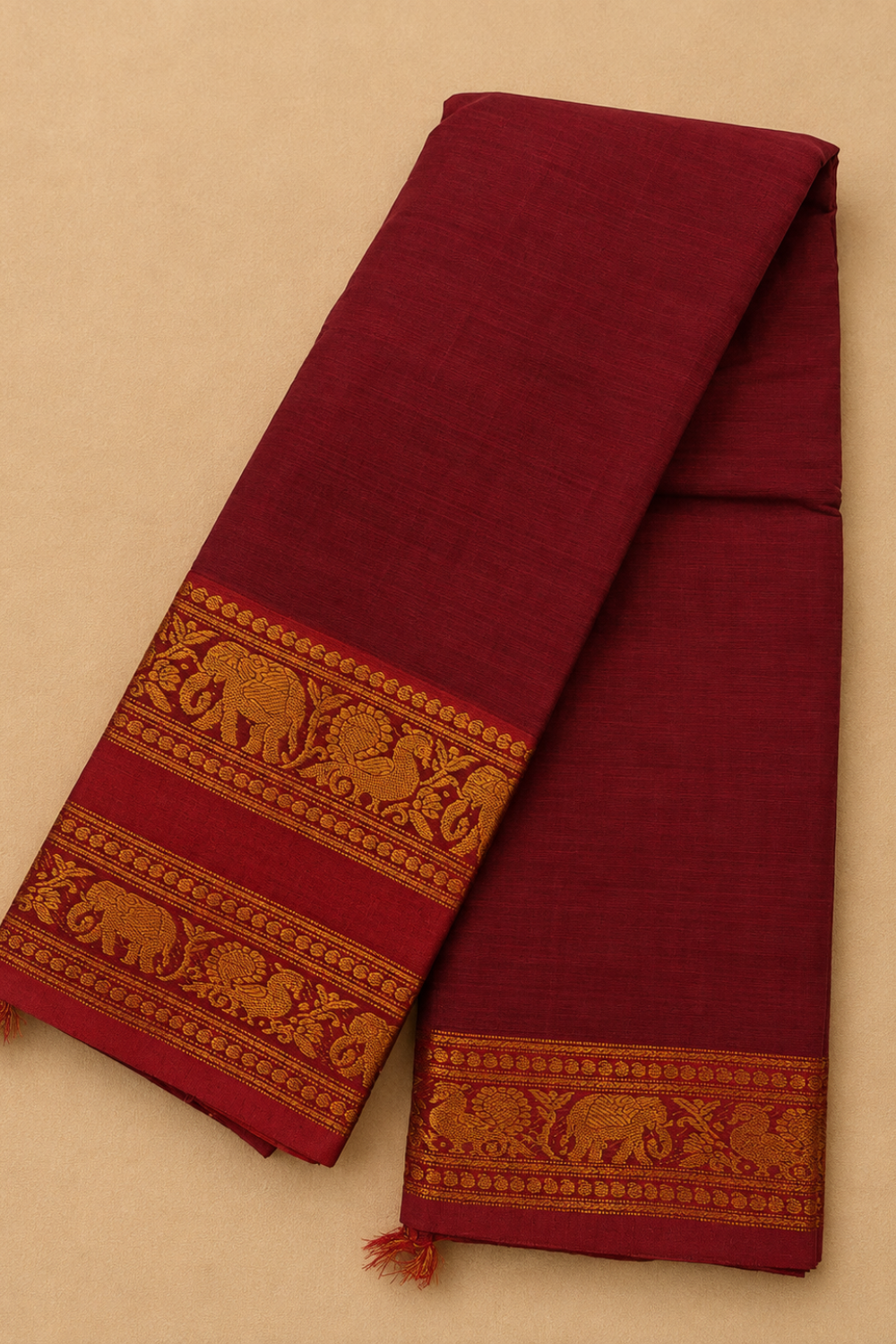 Maroon Narayanpet Cotton Saree with Traditional Gold Zari Border & Running Blouse