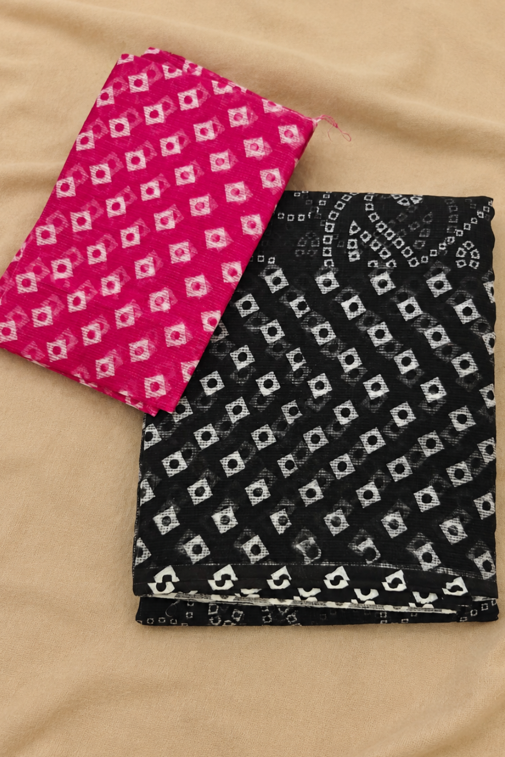 Black Kota Saree with White Bandhani-Inspired Print & Contrast Pink Blouse