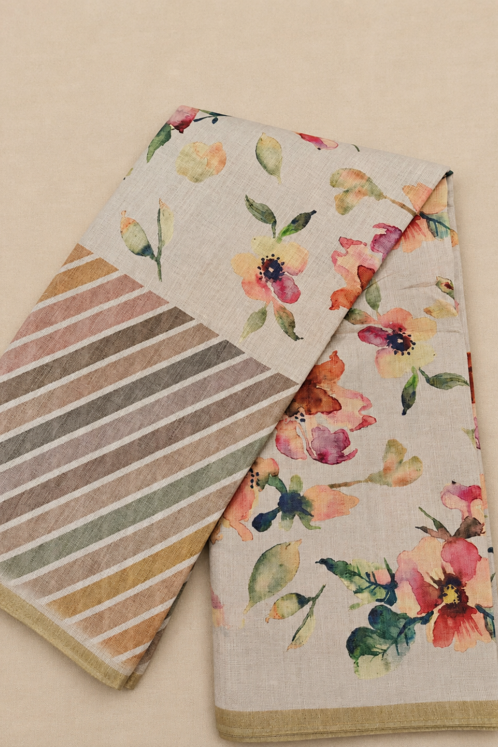 Ivory Jute Linen Saree with Multicolour Floral Print & Striped Blouse