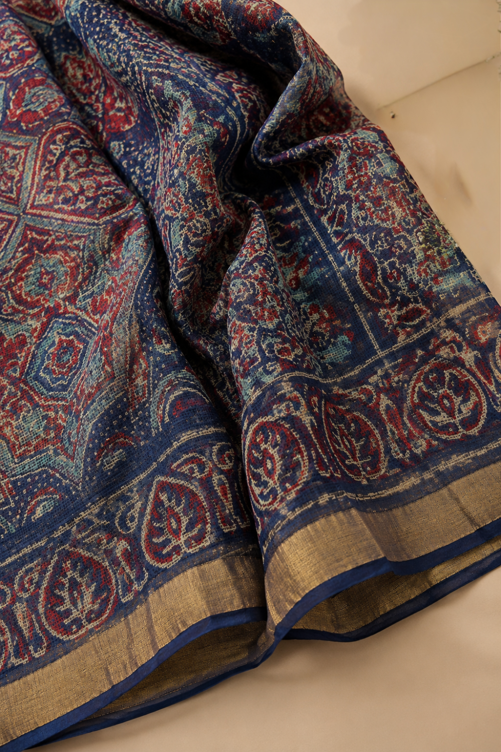 Navy Blue Hand Block Print Kota Doria Saree with Ajrakh Pallu