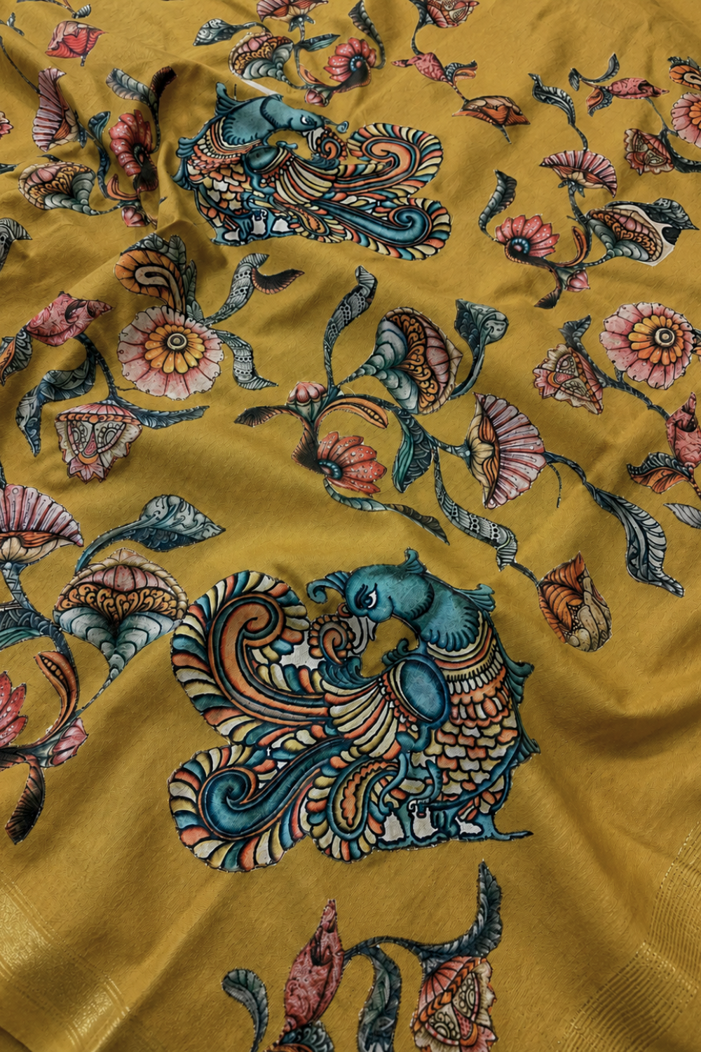 Mustard Yellow Linen Chanderi Saree with Floral & Peacock Print