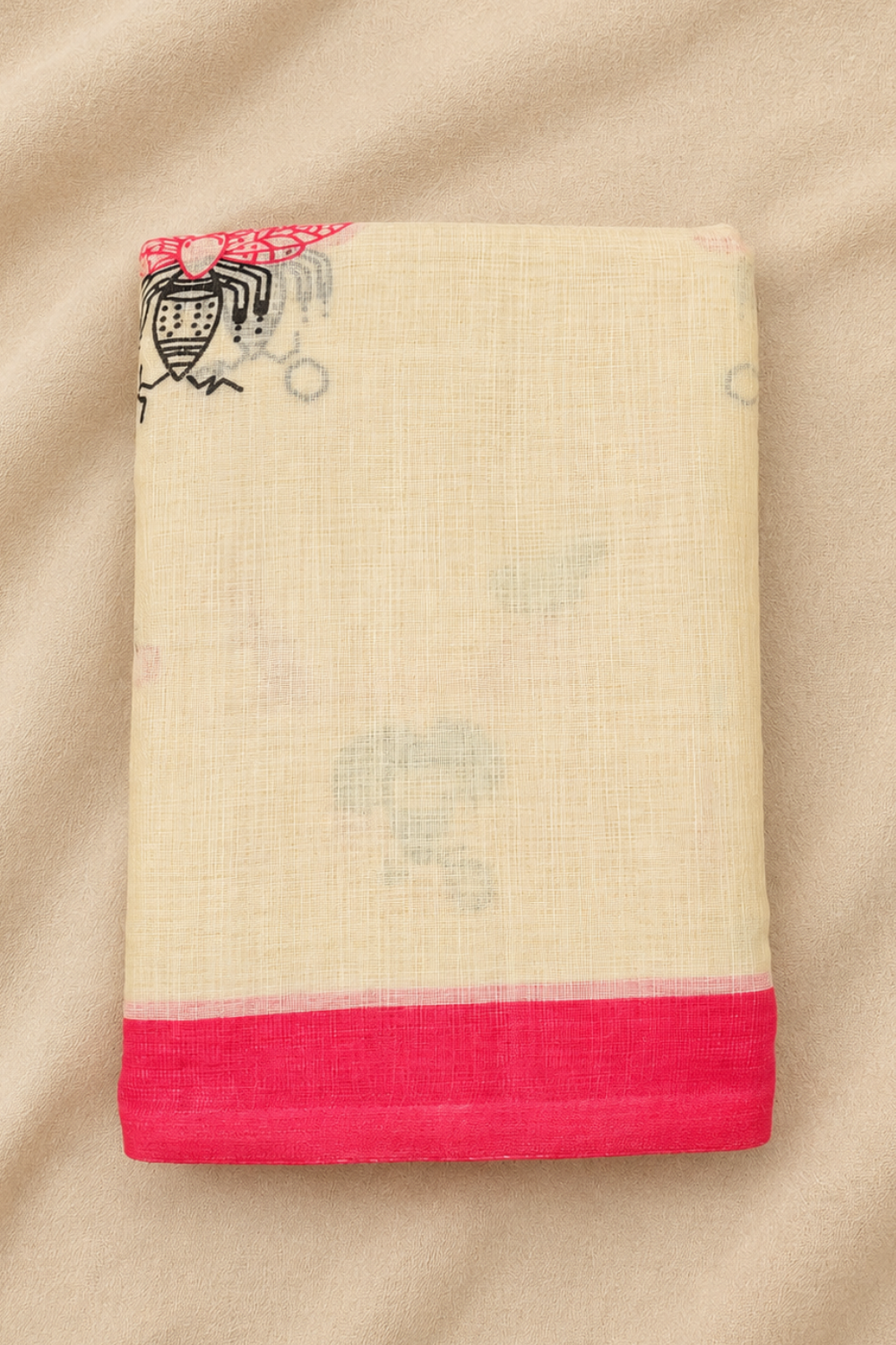 Ivory Linen Blend Saree with Pink Butterfly Print & Contrast Pink Border