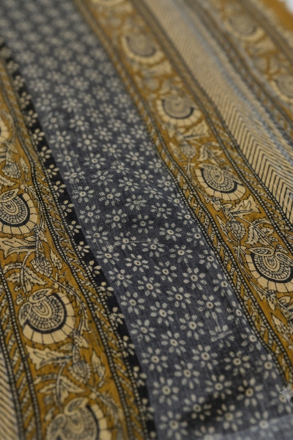 Mustard Yellow Linen Saree with Traditional Block Print