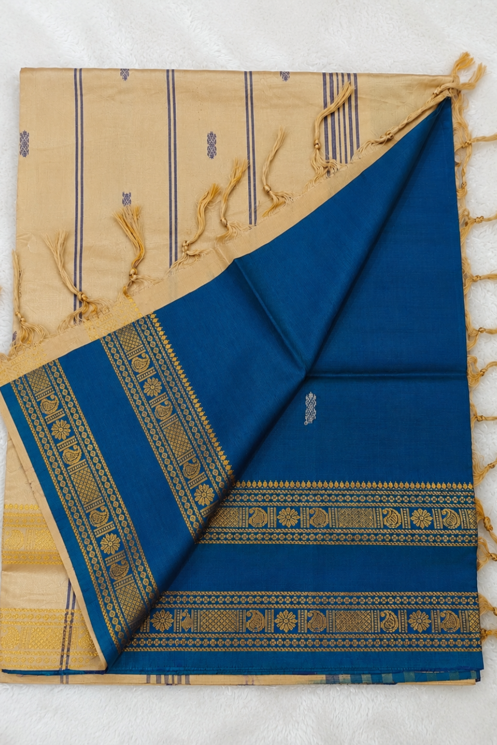 Royal Blue & Beige Vazhainaar Pattu Saree with Rich Gold Zari Border