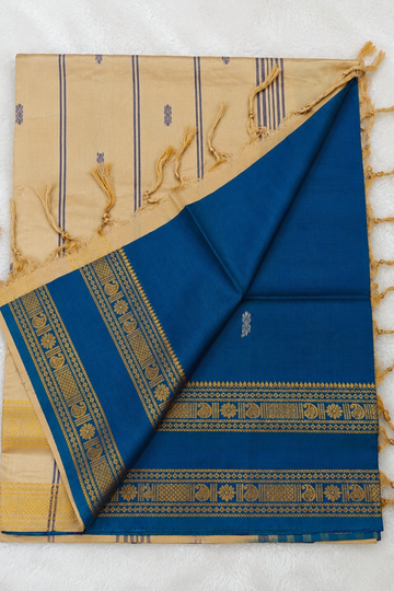 Royal Blue & Beige Vazhainaar Pattu Saree with Rich Gold Zari Border