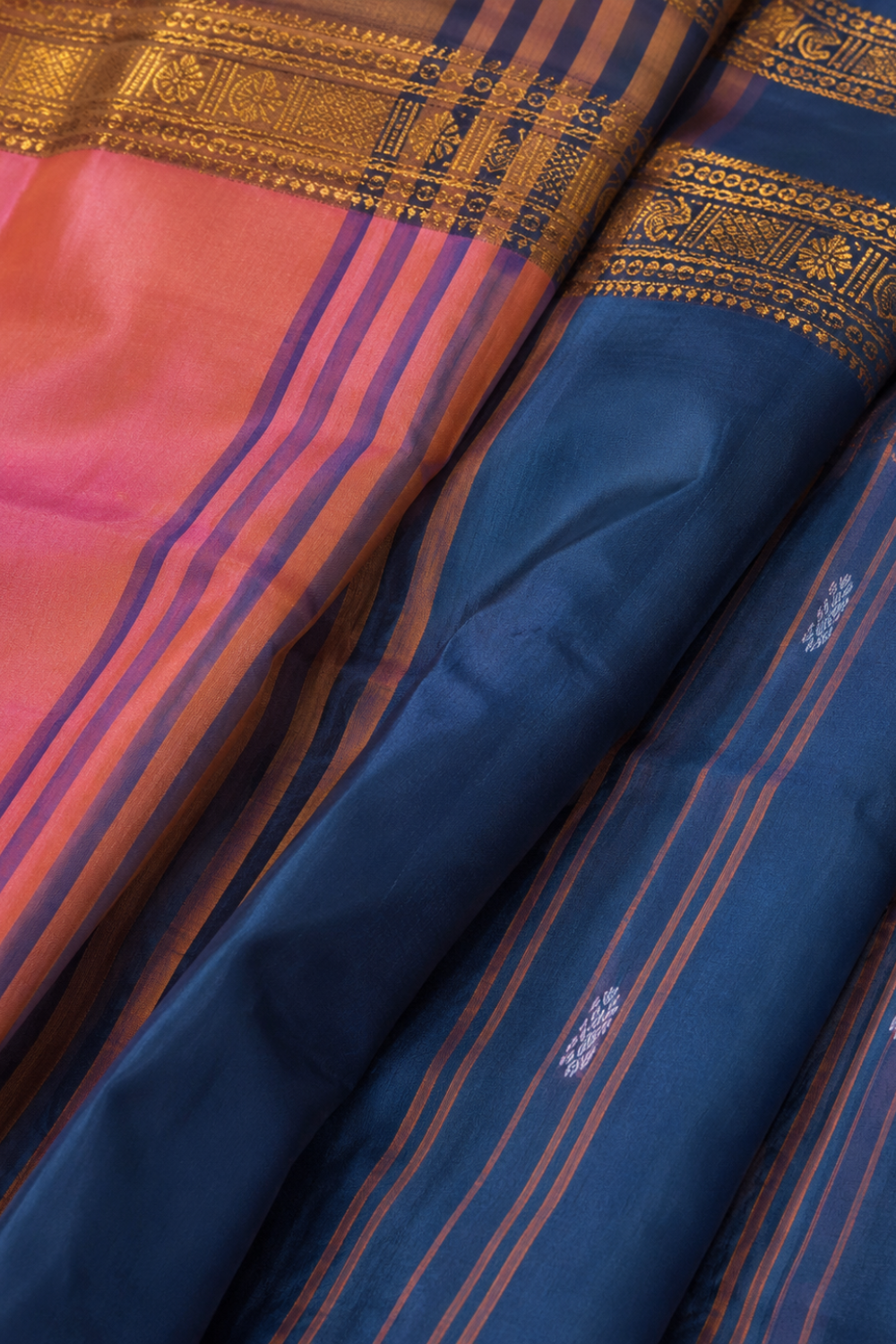 Pink and Orange dual tone & Navy Blue Vazhainaar Pattu Saree with Rich Contrast Zari Pallu