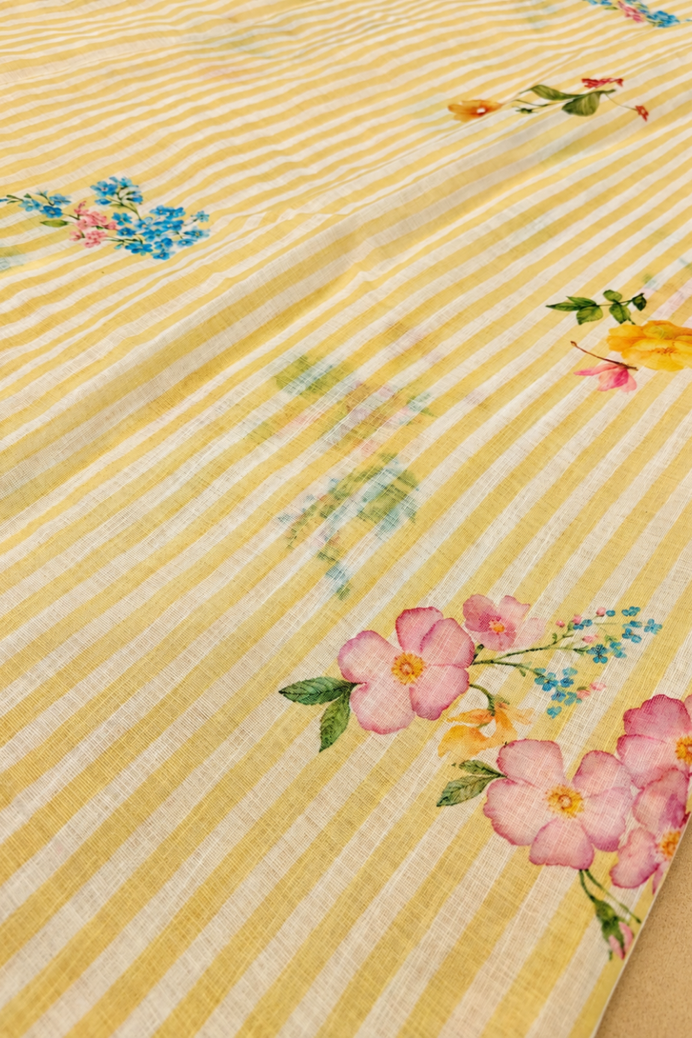 Yellow & White Striped Linen Saree with Floral Prints