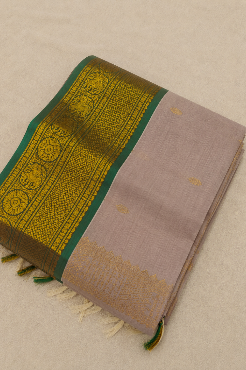 Elegant Beige Chettinad Cotton Saree with Green & Gold Zari Border