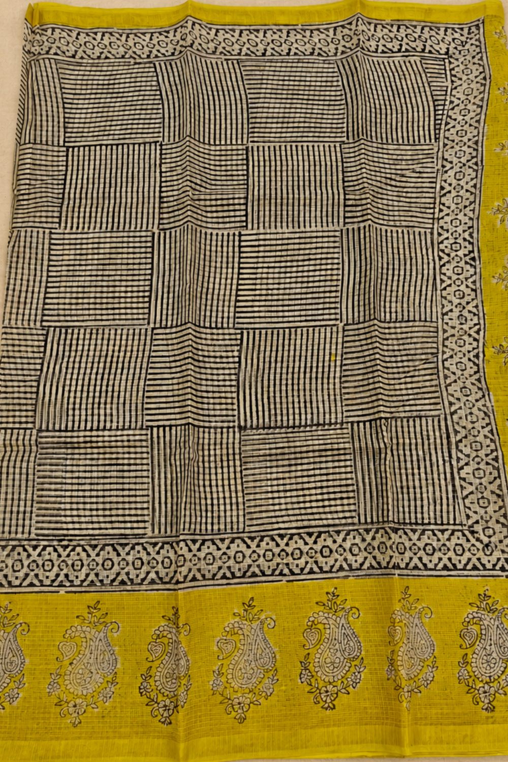 Mustard & Black Hand Block Printed Kota Doria Saree