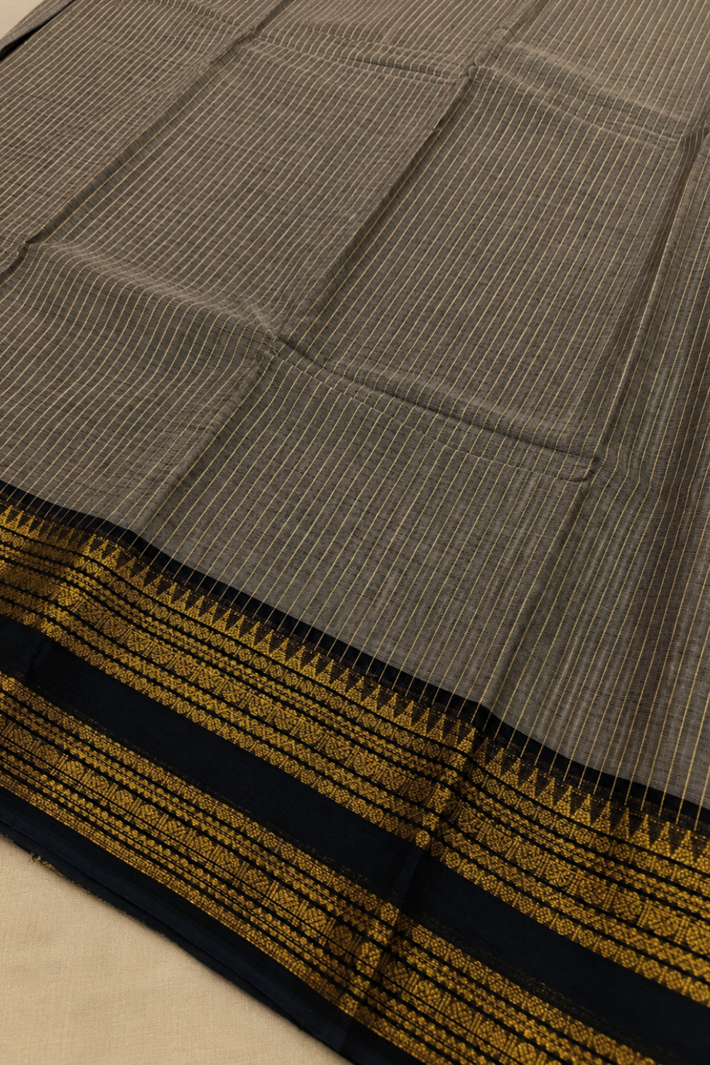 Charcoal Grey Chettinad Cotton Saree with Black & Gold Traditional Border