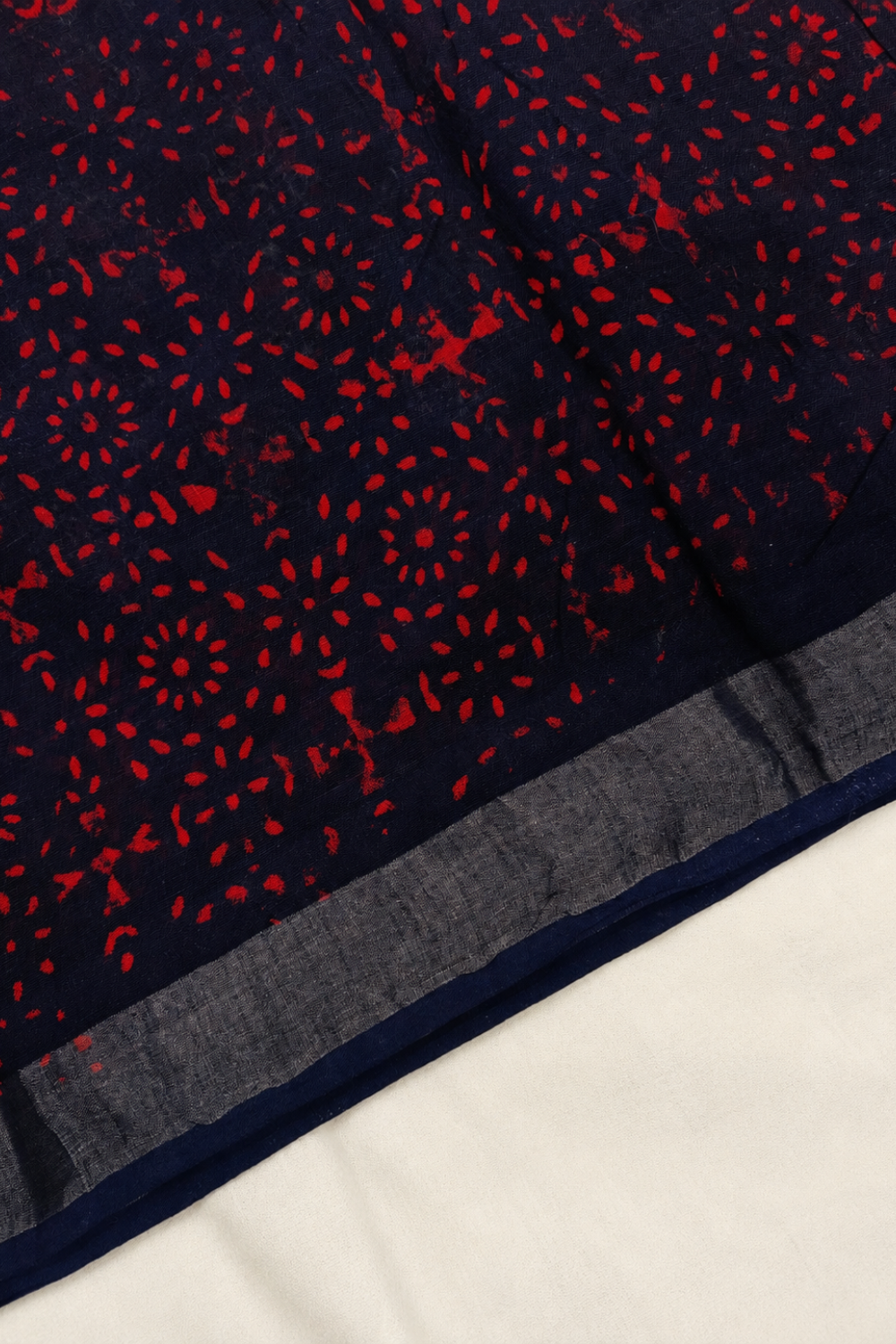 Navy Blue Linen Saree with Traditional Block Prints