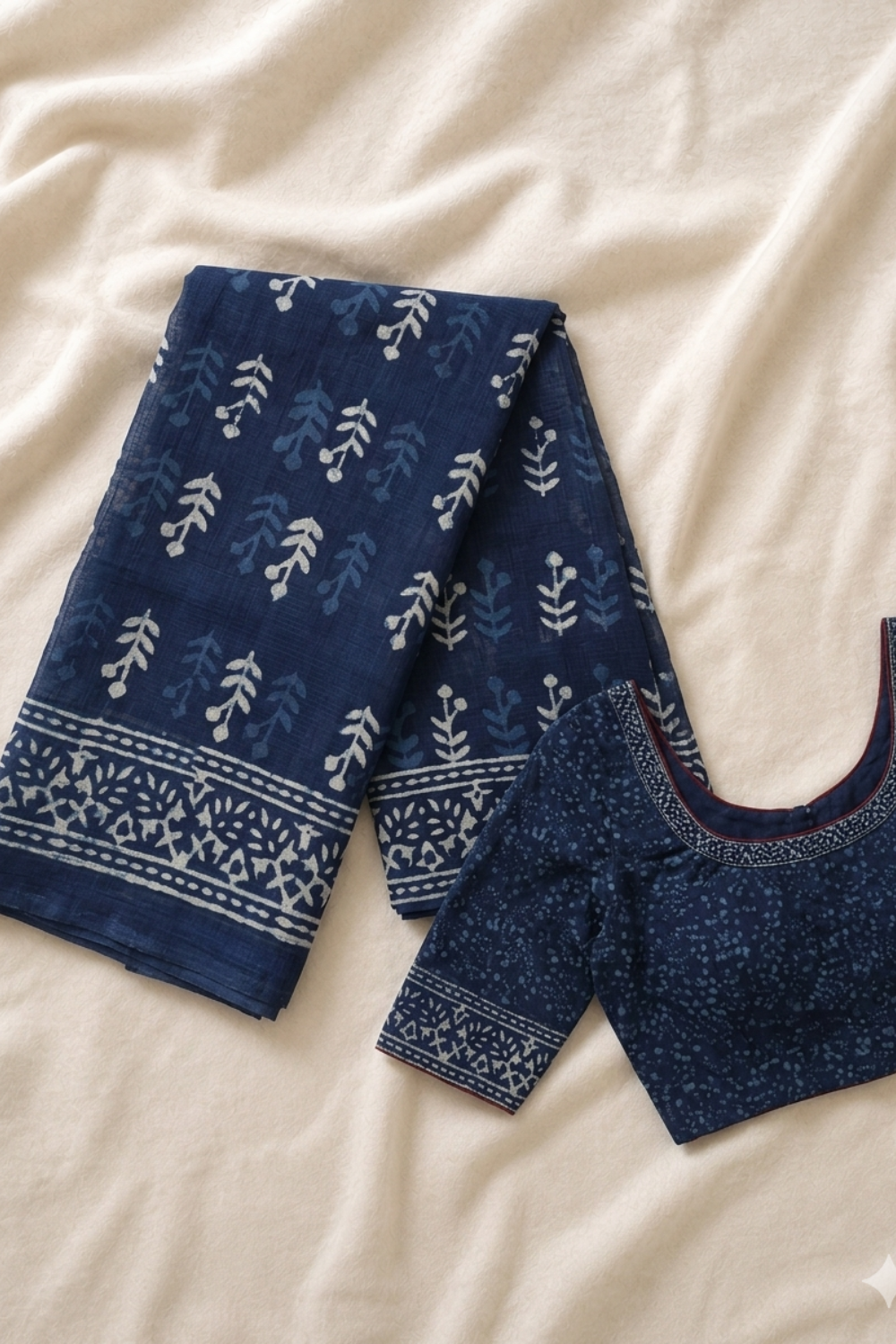Indigo Blue Hand Block Print Linen Saree with Woven Border