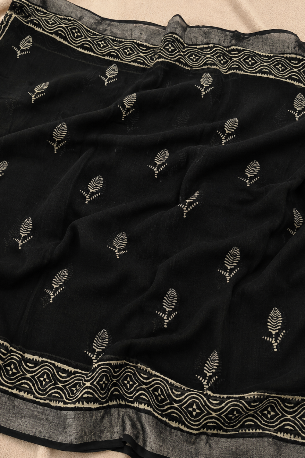 Black Hand Block Print Linen Saree with Woven Geometric Border