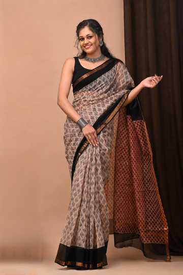 Beige & Black Kota Doria Saree with Hand Block Print and Contrast Red Pallu