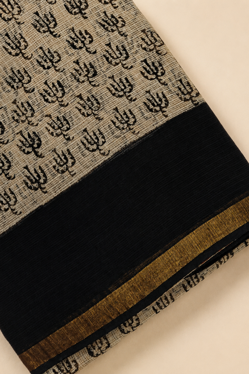 Beige & Black Kota Doria Saree with Hand Block Print and Contrast Red Pallu