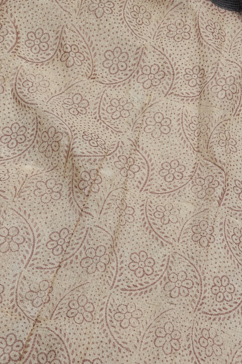 Beige & Black Kota Doria Saree with Hand Block Print and Contrast Red Pallu